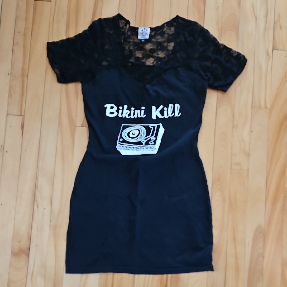 eye candy Black Mini Dress with Lace and White Graphic